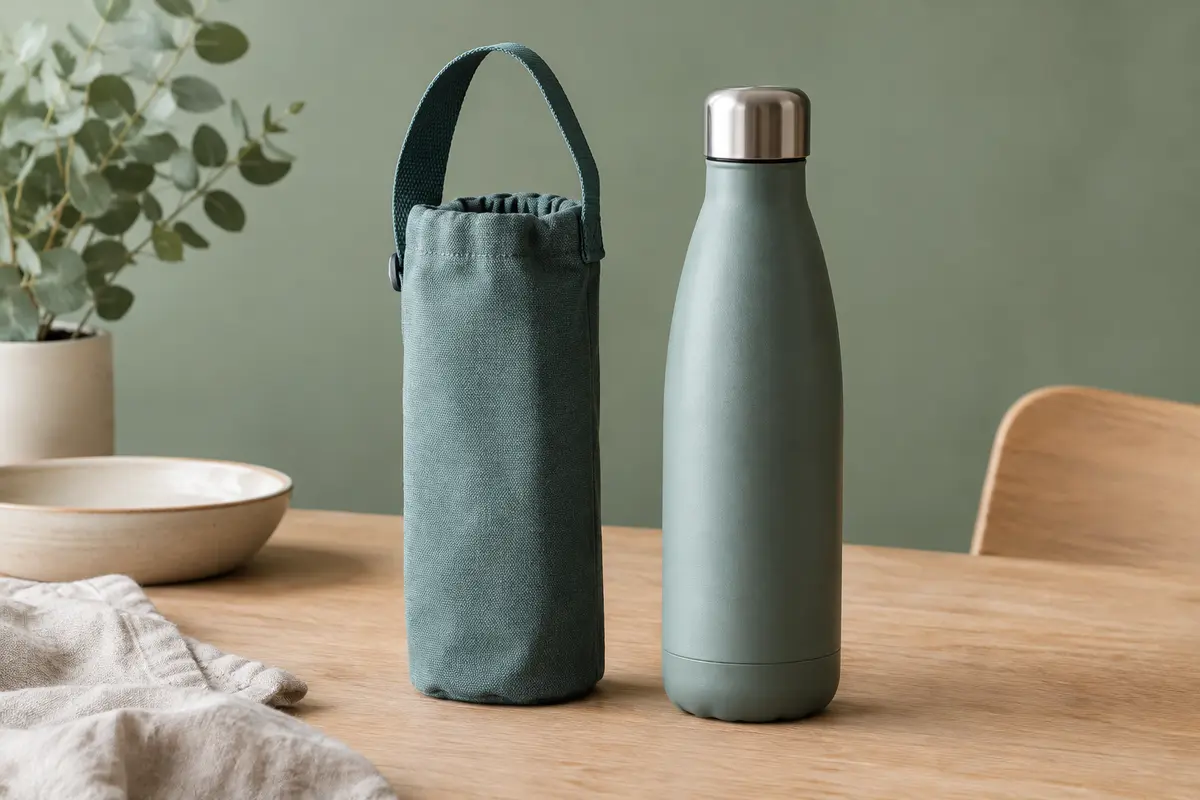 Housse textile avec sangle autour d’une gourde réutilisable