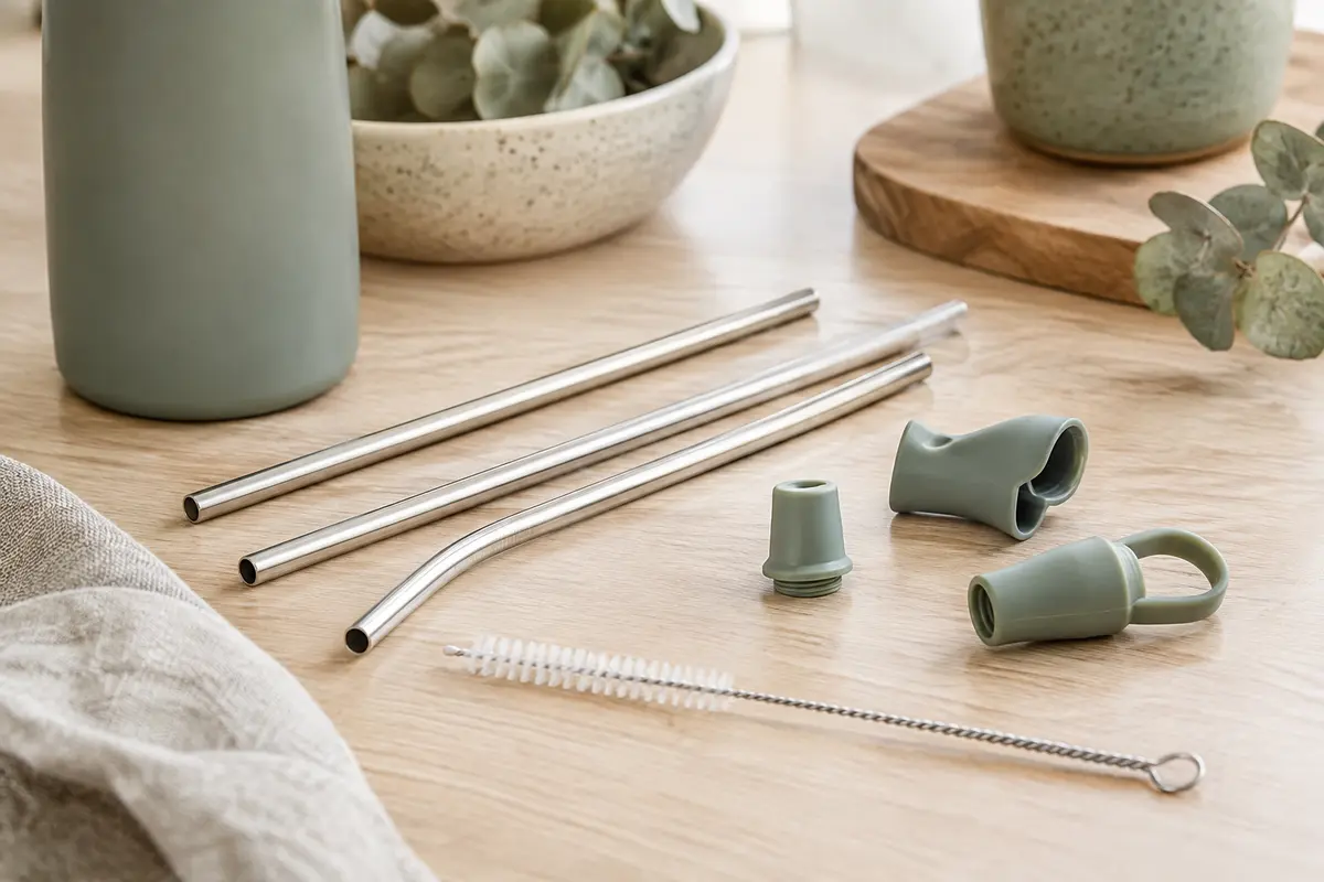 Pailles de rechange et embout posés sur une surface claire