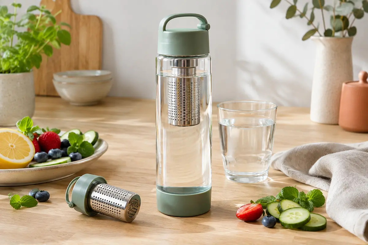 Gourde avec infuseur amovible et morceaux de fruits sur une table