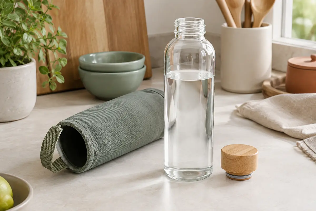 Gourde transparente en verre avec bouchon et housse sur une table