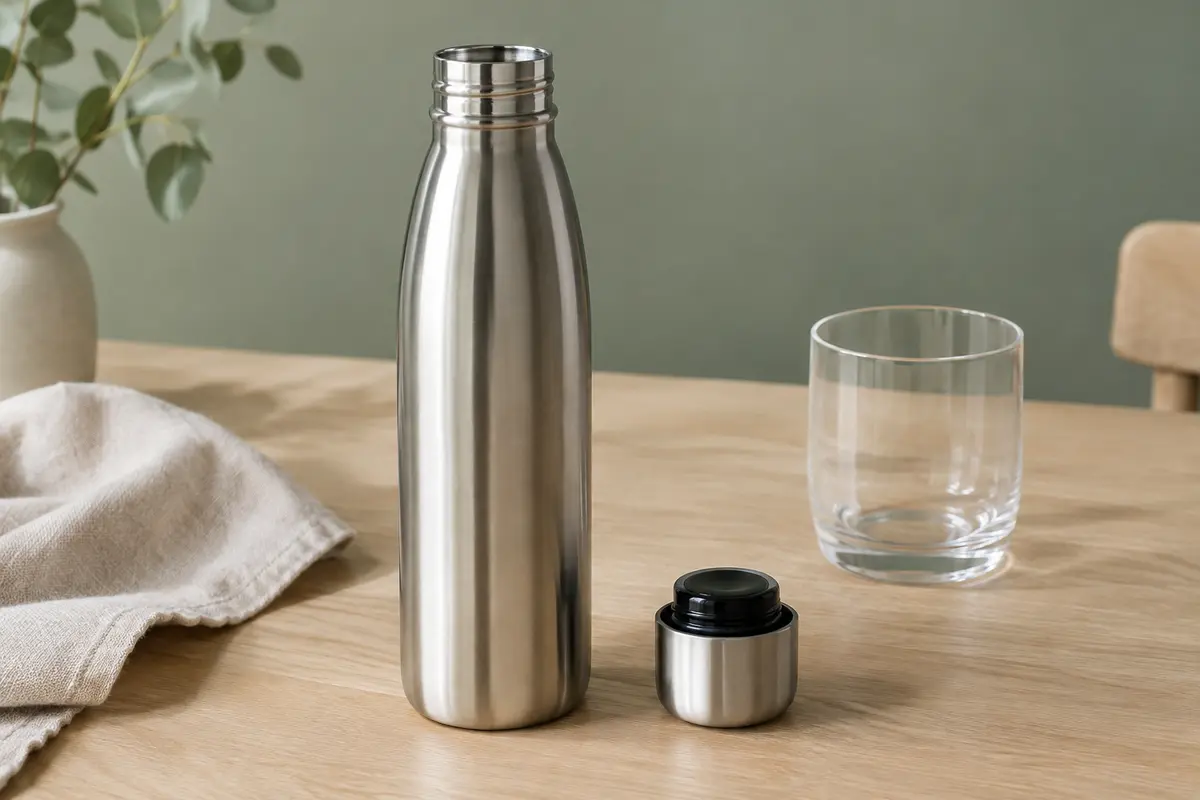 Gourde isotherme en inox et bouchon sur une table en bois clair