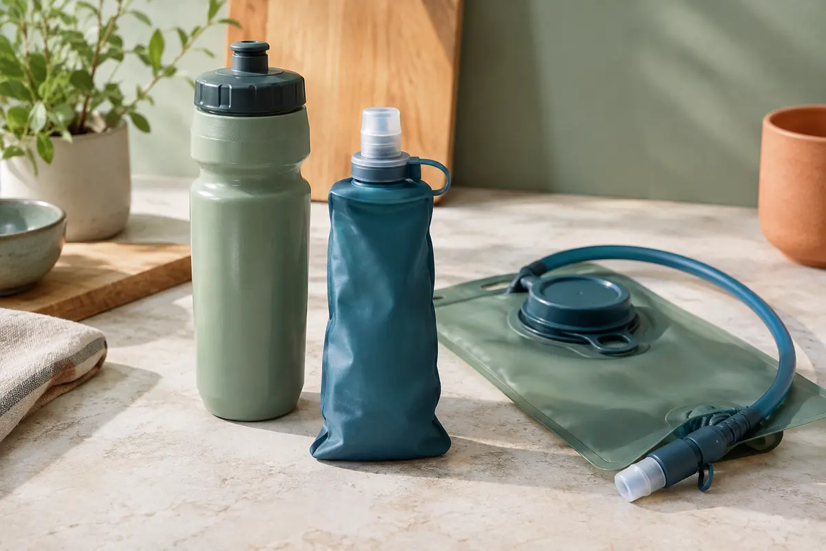 Bidon de vélo, flasque souple et poche à eau réunis sur une surface claire