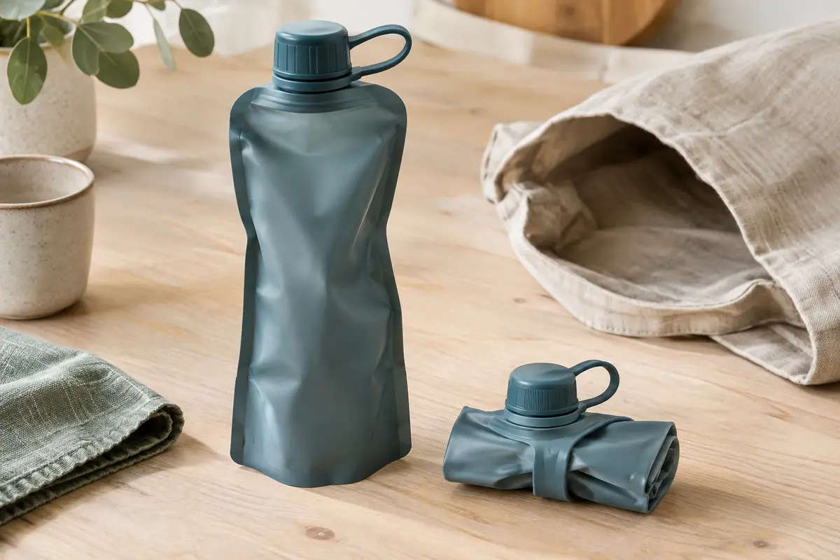 Gourde pliable présentée dépliée et repliée sur une surface claire