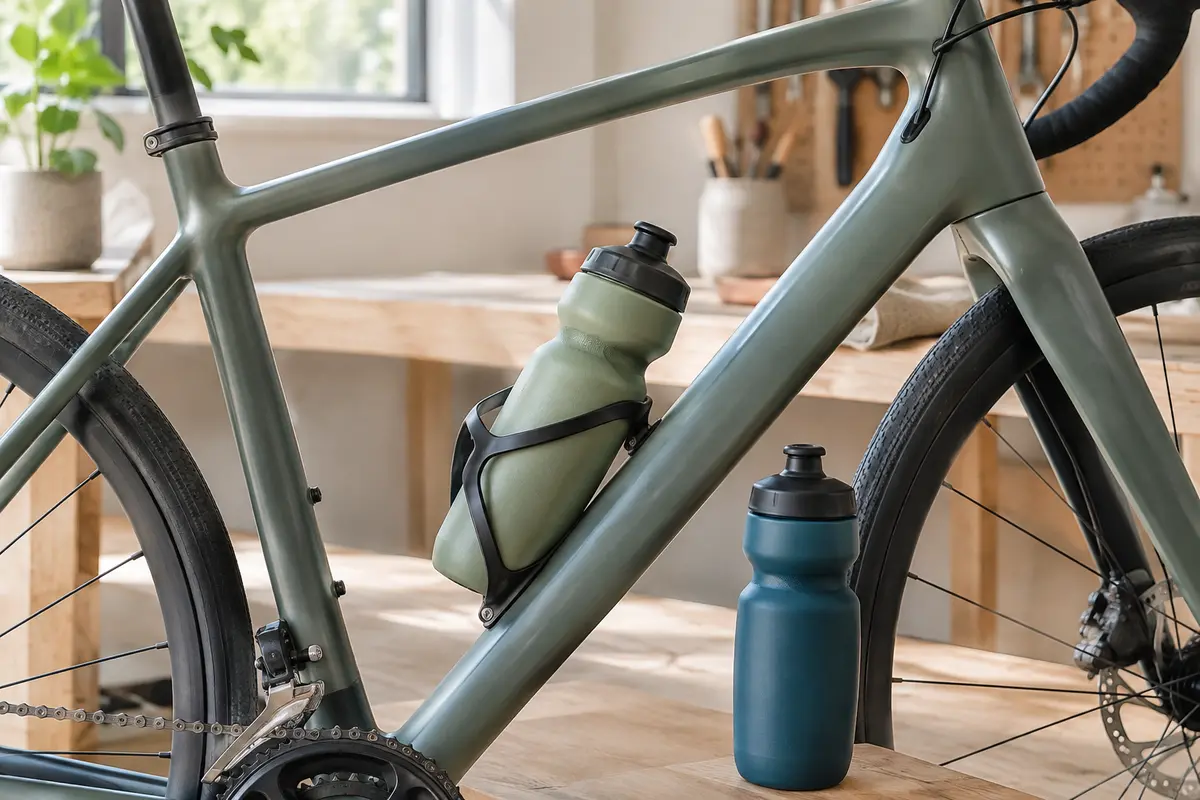 Gros plan d’un bidon de vélo installé dans un porte-bidon fixé au cadre