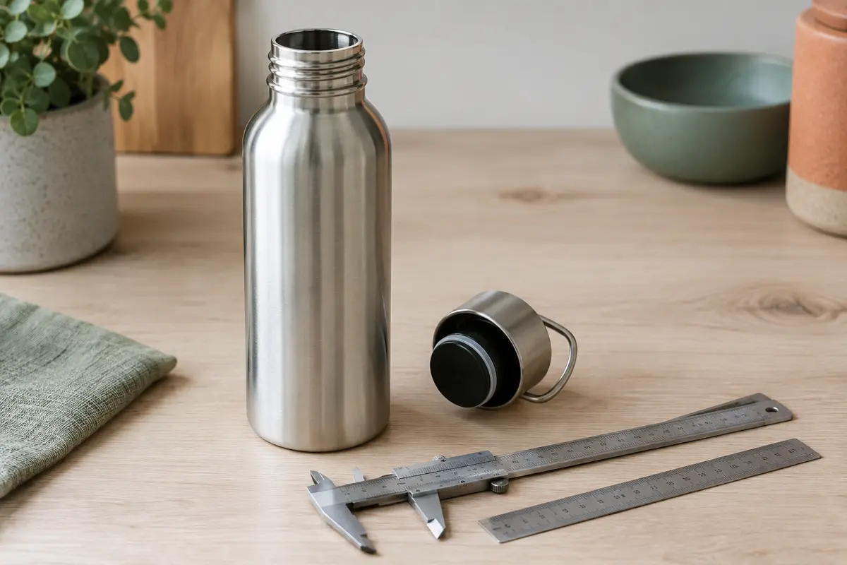 Gourde en inox ouverte, avec son bouchon, une règle et un pied à coulisse pour mesurer le goulot