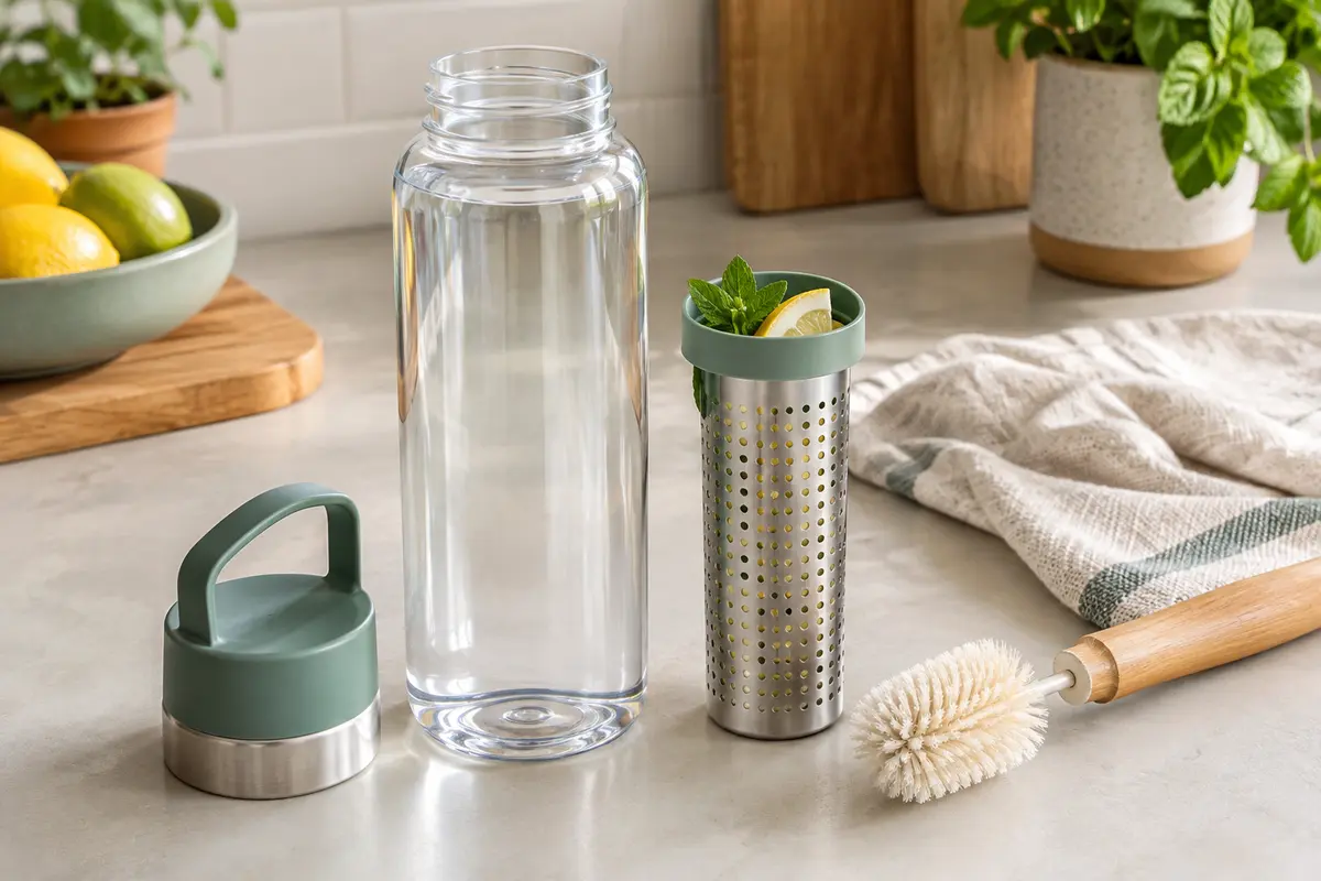 Gourde transparente avec infuseur amovible garni de citron et de menthe, près d’une brosse de nettoyage.