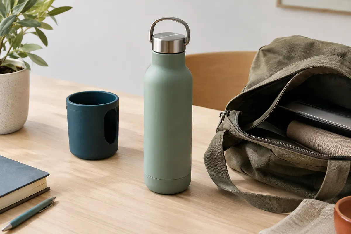 Gourde réutilisable posée près d’un sac et d’un porte-gobelet pour illustrer le choix du format