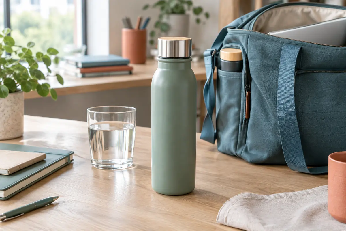 Gourde réutilisable posée près d’un sac de travail et d’un verre d’eau sur un bureau lumineux.
