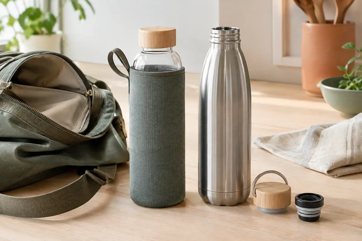 Gourde en verre avec housse et gourde en inox posées côte à côte sur une table