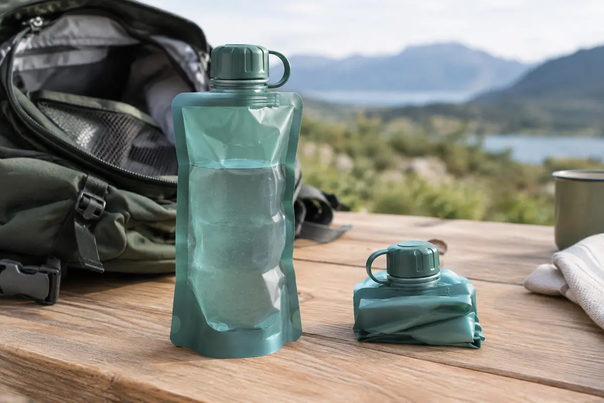 Gourde pliable pleine posée sur une table, avec un modèle vide replié à côté d’un sac de voyage