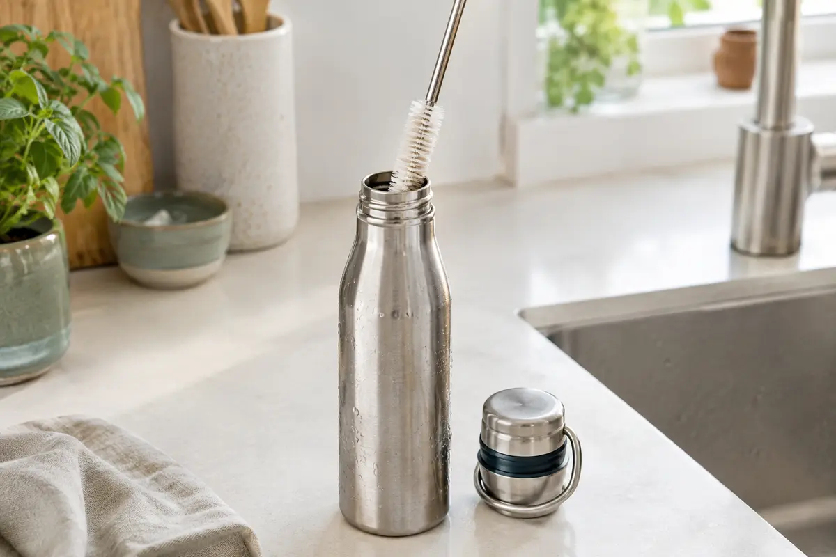 Goupillon souple introduit dans une gourde en inox à goulot étroit, bouchon posé à côté