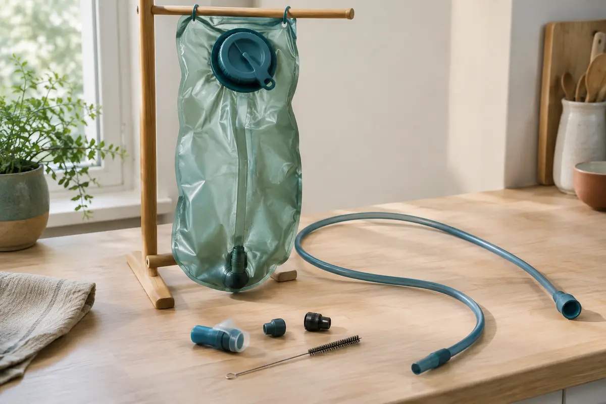 Poche à eau ouverte en train de sécher, avec tuyau détaché et brosse de nettoyage posée à côté