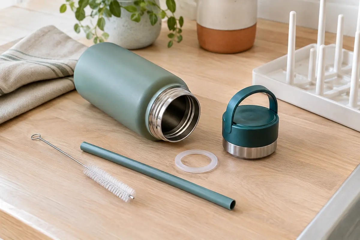 Gourde démontée, avec bouchon, joint et paille posés près d’une brosse pour un nettoyage soigneux.