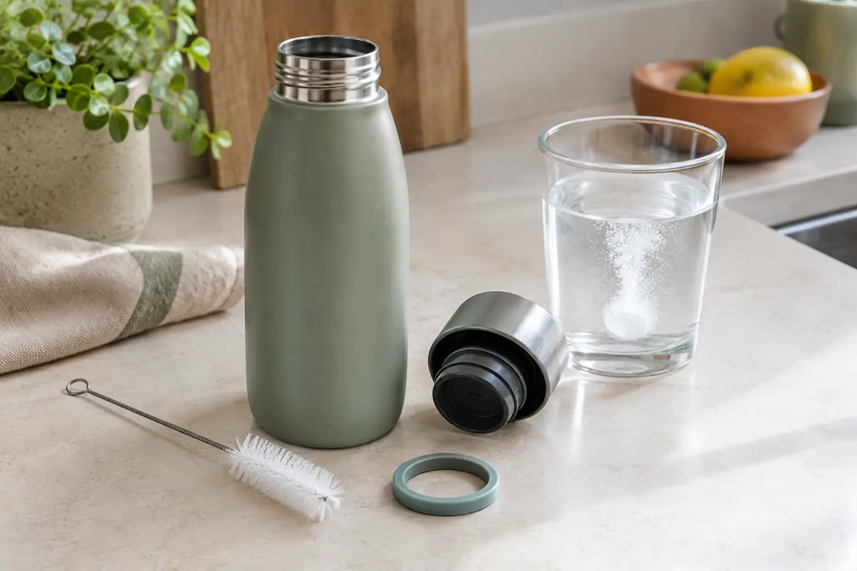 Gourde ouverte, bouchon démonté, brosse et pastille de nettoyage en cours de dissolution