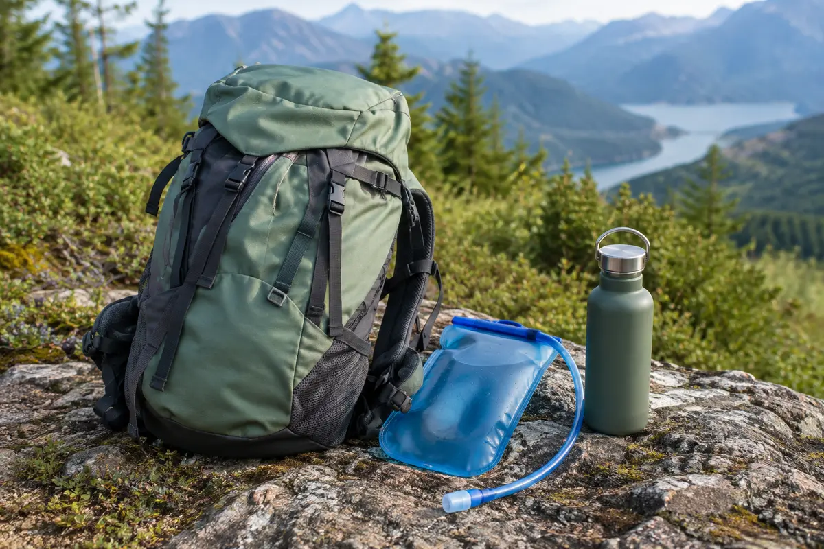 Sac de randonnée accompagné d’une poche à eau avec tuyau et d’une gourde réutilisable sur un sentier