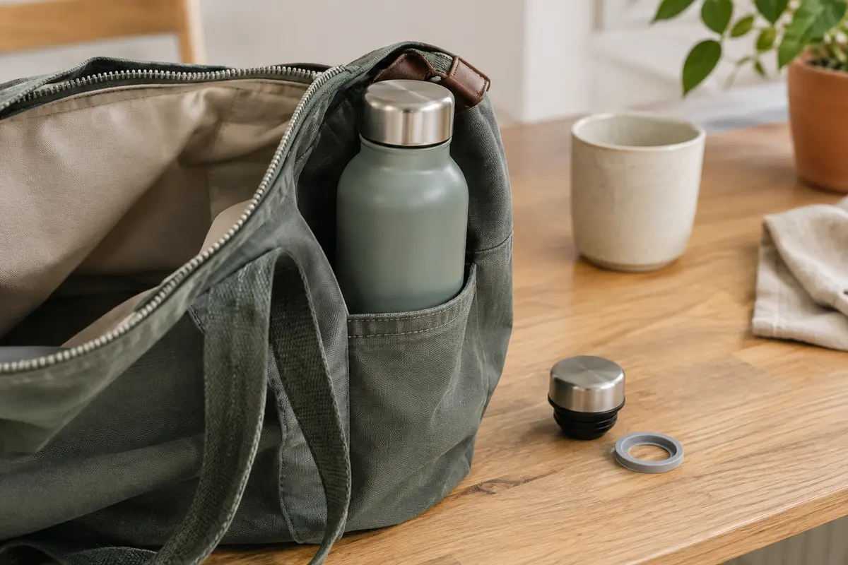 Gourde fermée rangée dans la poche latérale d’un sac, avec son bouchon et son joint vérifiés.