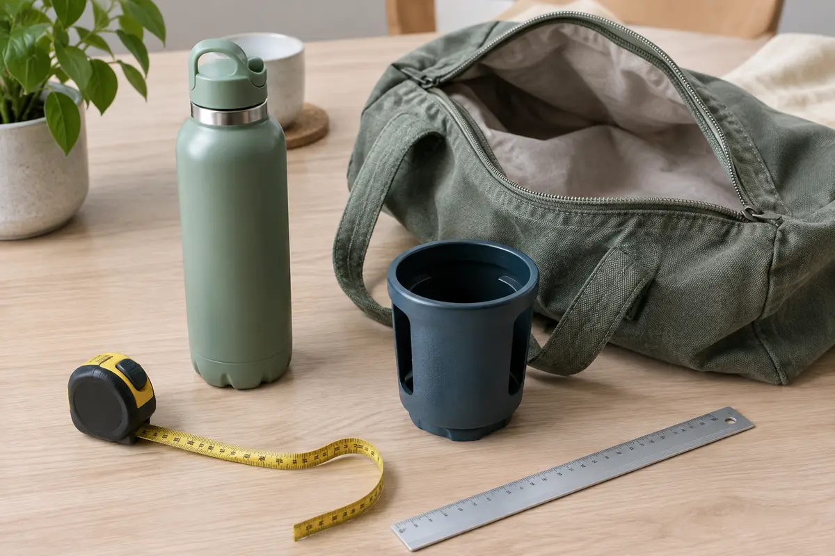 Gourde, sac et porte-gobelet réunis avec des outils de mesure pour vérifier leur compatibilité.