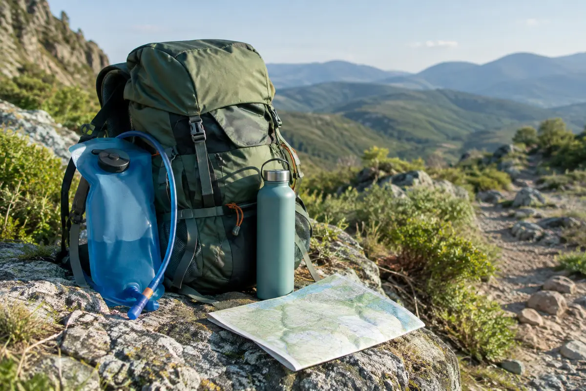 Sac de randonnée, gourde et poche à eau préparés près d’un sentier de montagne