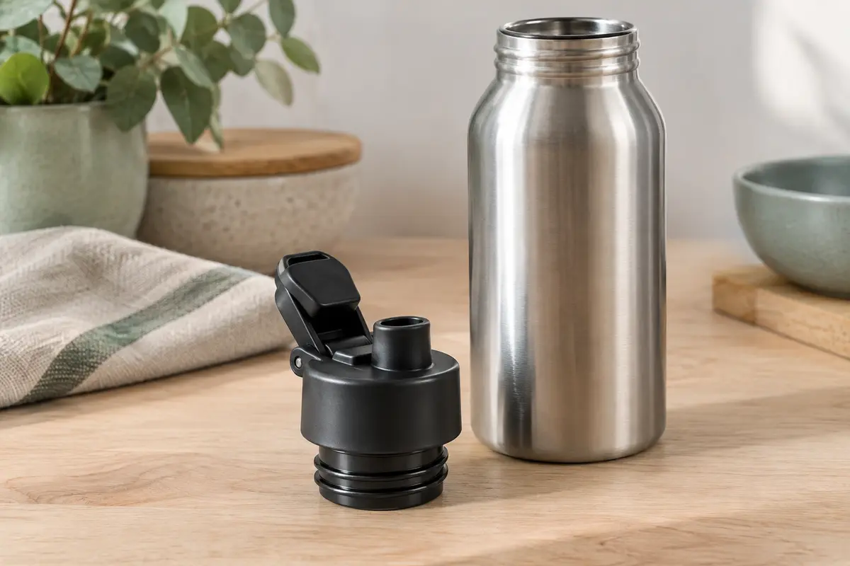 Bouchon de rechange noir à clapet posé près d’une gourde en acier inoxydable sur une table claire.