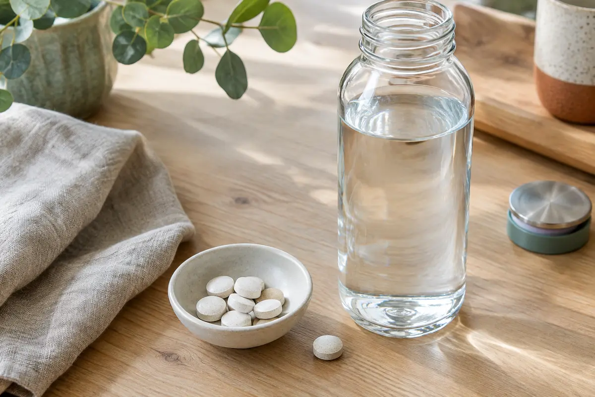 Pastilles nettoyantes neutres près d’une gourde en verre ouverte sur un plan de travail clair