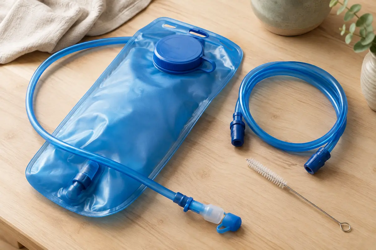 Poche d’hydratation bleue avec tuyaux et brosse de nettoyage sur une table en bois clair