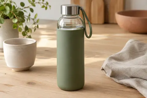 Gourde en verre borosilicaté avec coque en silicone vert olive, dragonne et bouchon à vis en métal