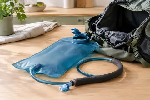 Poche à eau Aonijie en TPU avec tuyau isolé et embout, posée près d’un sac de randonnée.