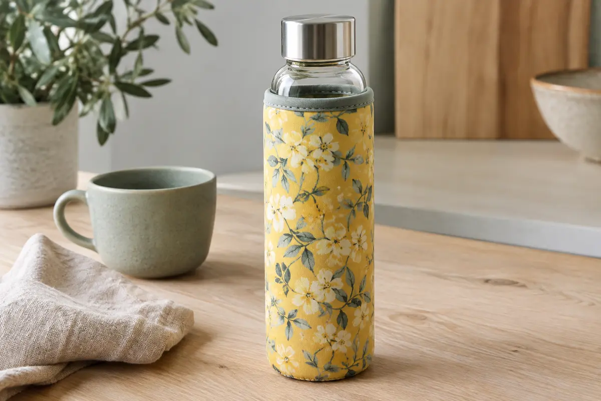Gourde en verre borosilicaté avec housse florale jaune et bouchon en inox sur une table en bois clair.