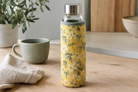 Gourde en verre borosilicaté avec housse florale jaune et bouchon en inox sur une table en bois clair.
