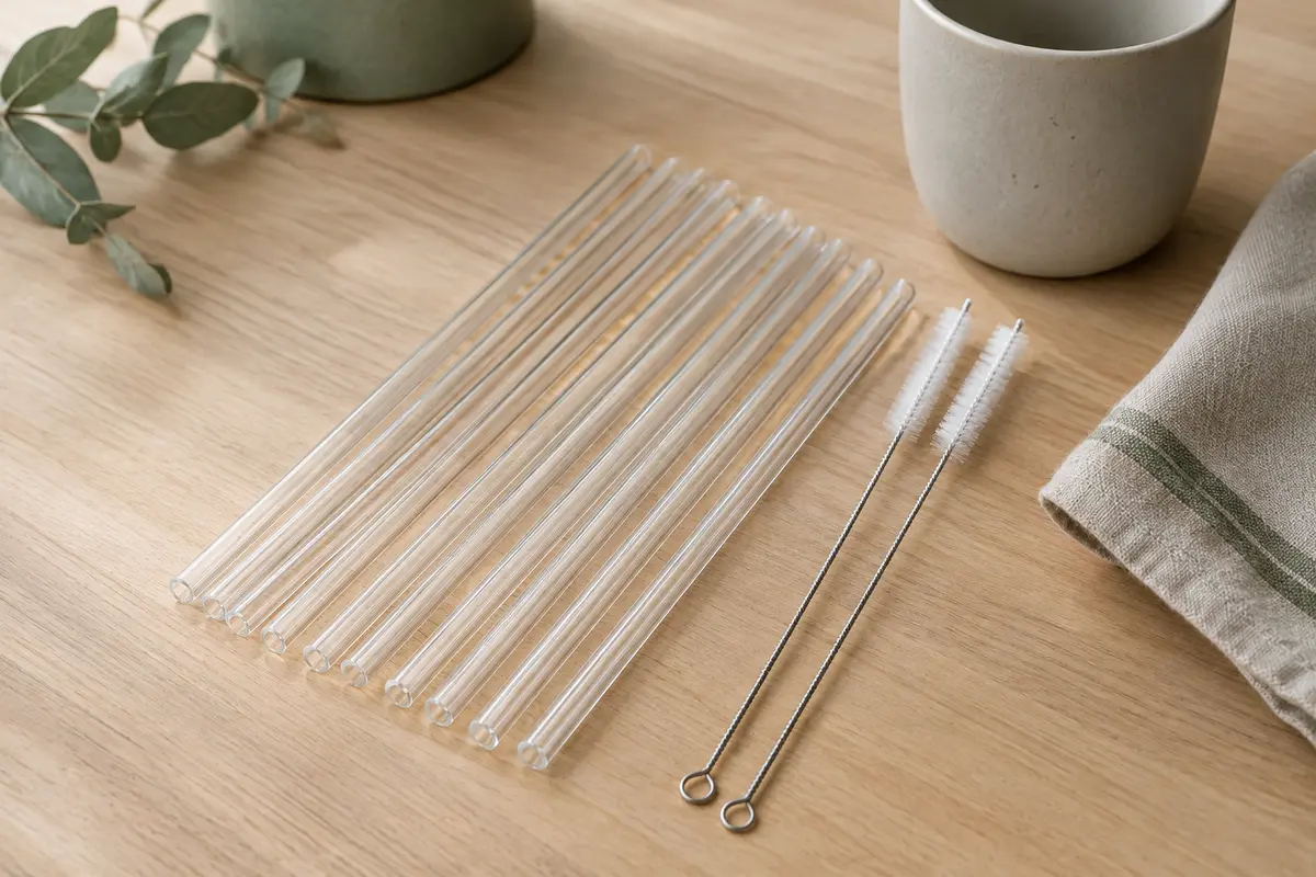 Dix pailles transparentes réutilisables et deux brosses de nettoyage posées sur une table en bois clair