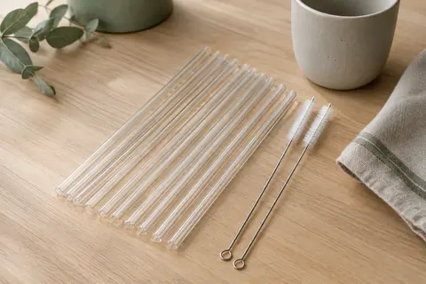 Dix pailles transparentes réutilisables et deux brosses de nettoyage posées sur une table en bois clair