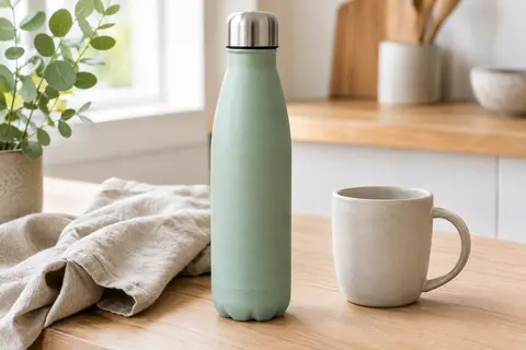 Gourde isotherme métallique vert menthe posée sur une table en bois clair près d’une tasse