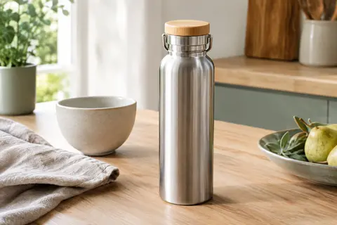 Gourde cylindrique en acier inoxydable avec bouchon à finition bambou, posée sur une table en bois clair.