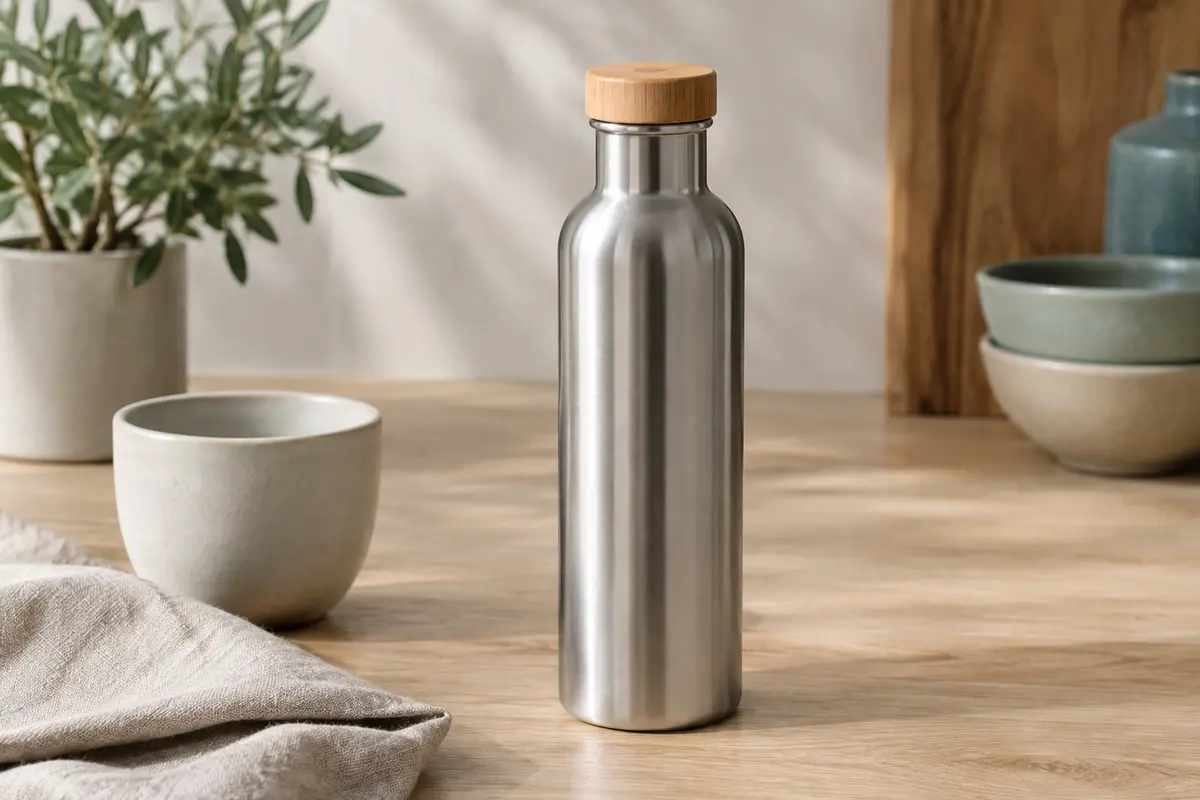 Gourde isotherme Bambaw en inox naturel avec bouchon à finition bambou posée sur une table claire.