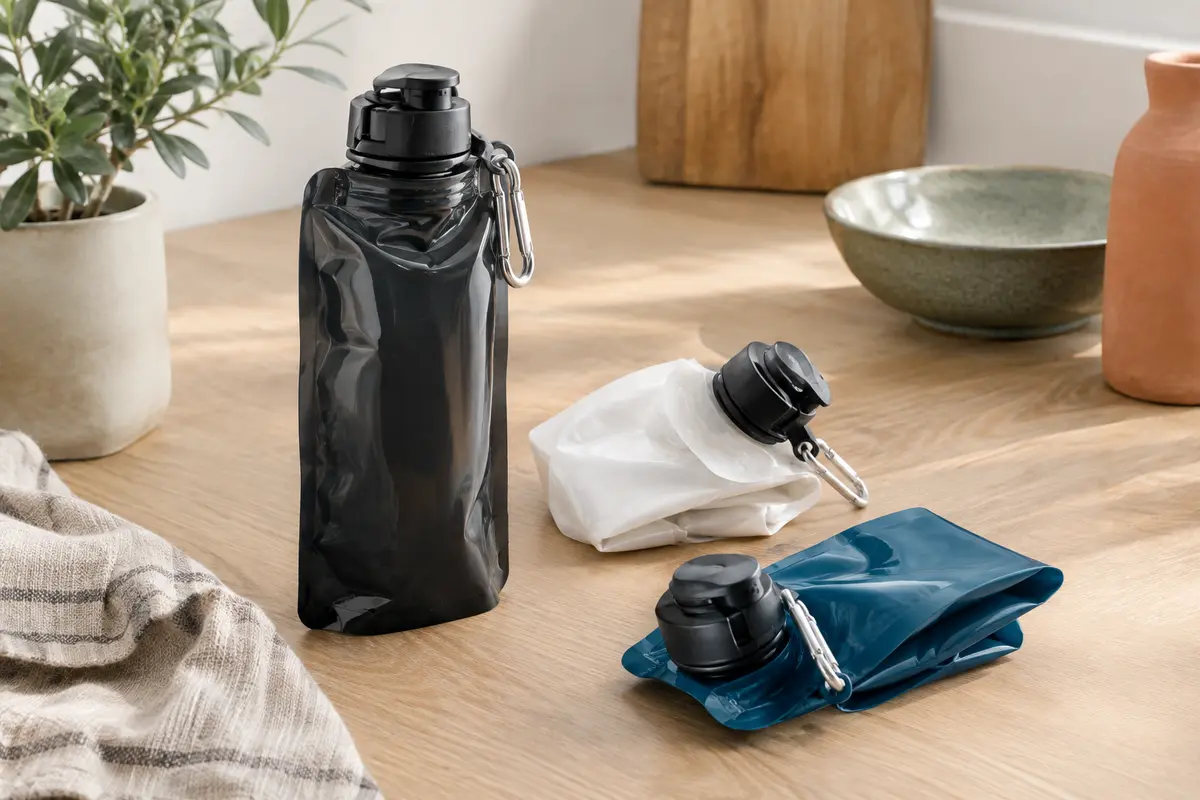 Trois gourdes pliables noire, blanche et bleue avec bouchons rabattables et mousquetons