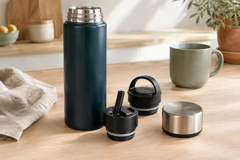 Gourde isotherme BeMaxx bleu pétrole avec trois bouchons et infuseur sur une table en bois clair