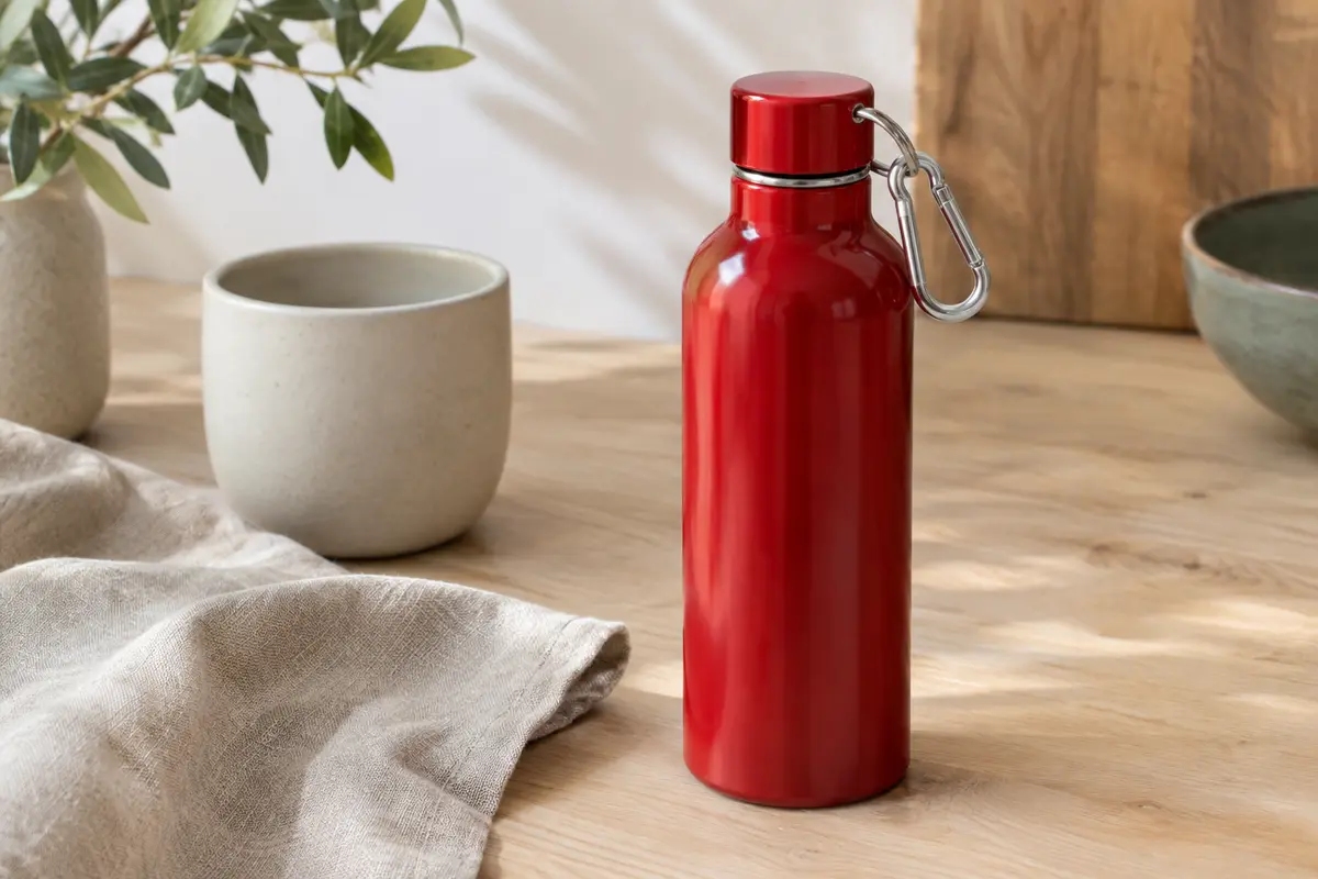 Gourde Beper rouge en acier inoxydable avec bouchon et mousqueton pivotant, posée sur une table en bois clair.