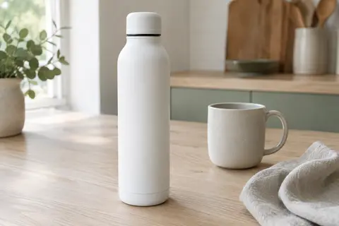 Gourde isotherme blanche en acier inoxydable avec bouchon, posée sur une table en bois clair