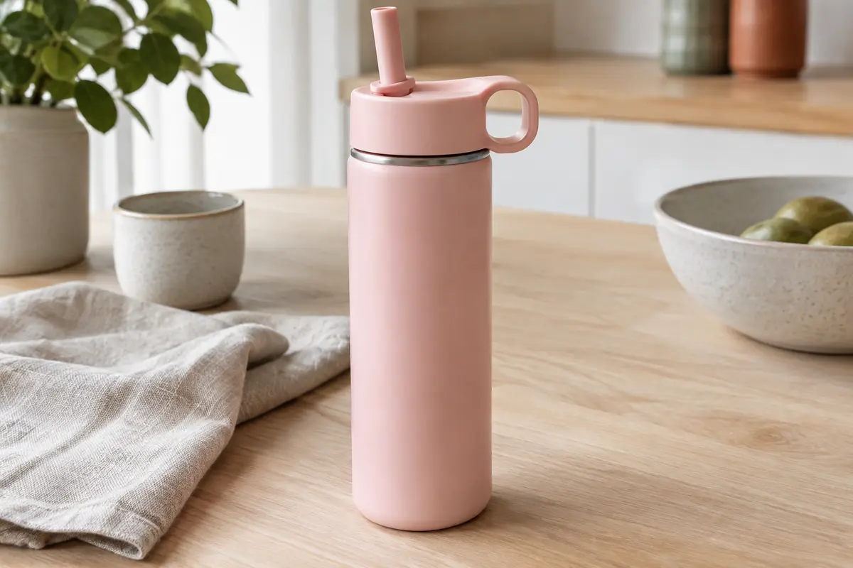 Gourde isotherme rose pâle en inox avec couvercle à paille et poignée, posée sur une table en bois clair.