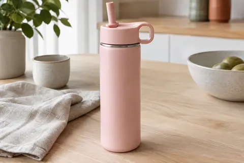 Gourde isotherme rose pâle en inox avec couvercle à paille et poignée, posée sur une table en bois clair.