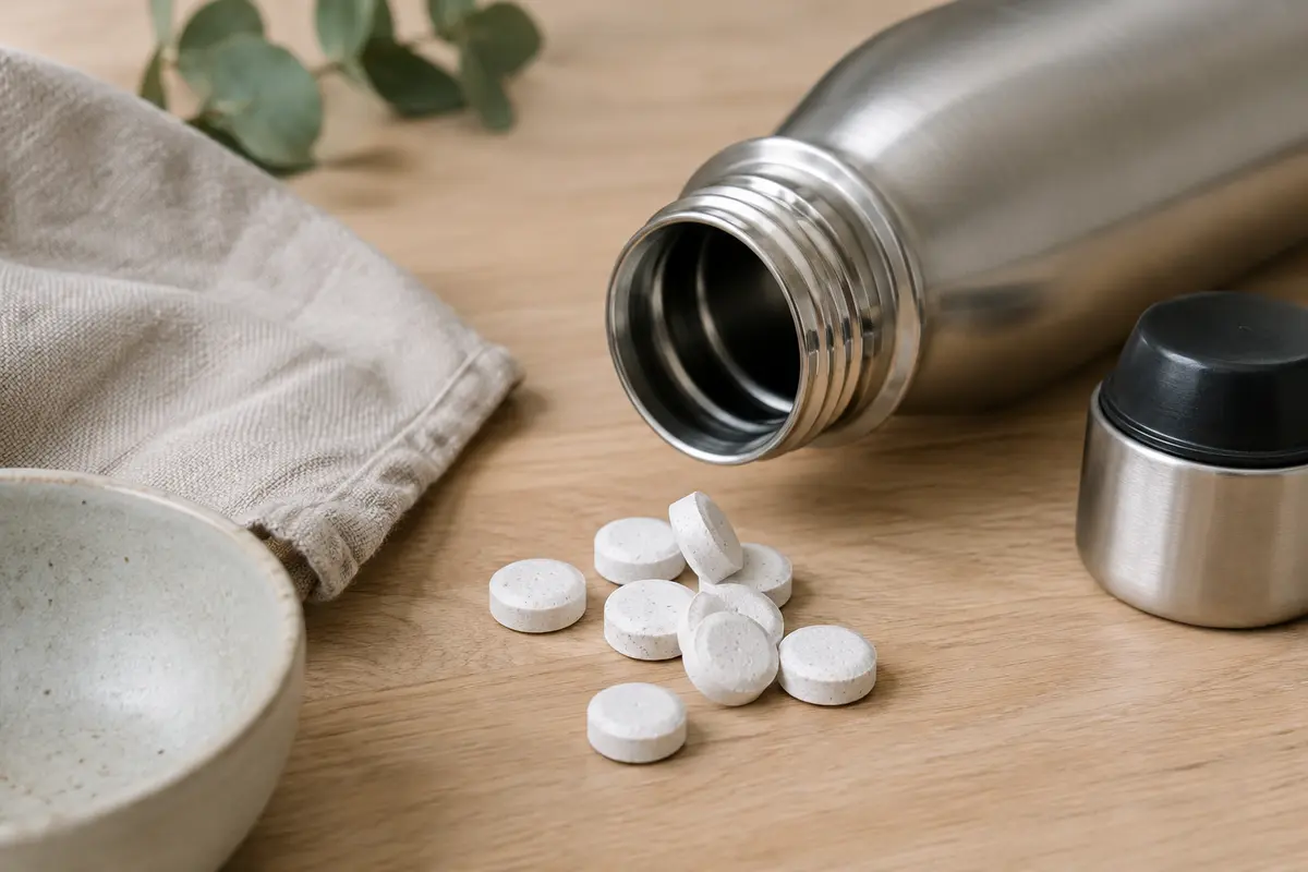 Comprimés nettoyants près d’une gourde en acier inoxydable ouverte sur un plan de travail clair