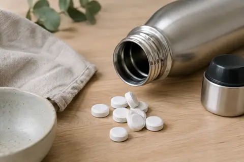 Comprimés nettoyants près d’une gourde en acier inoxydable ouverte sur un plan de travail clair