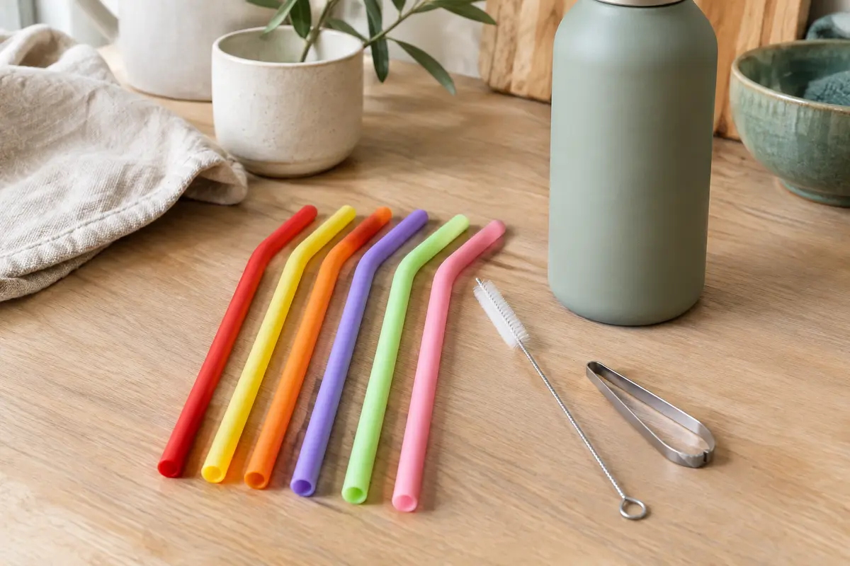Six pailles de rechange colorées avec une brosse de nettoyage et une pince à paille sur une table claire