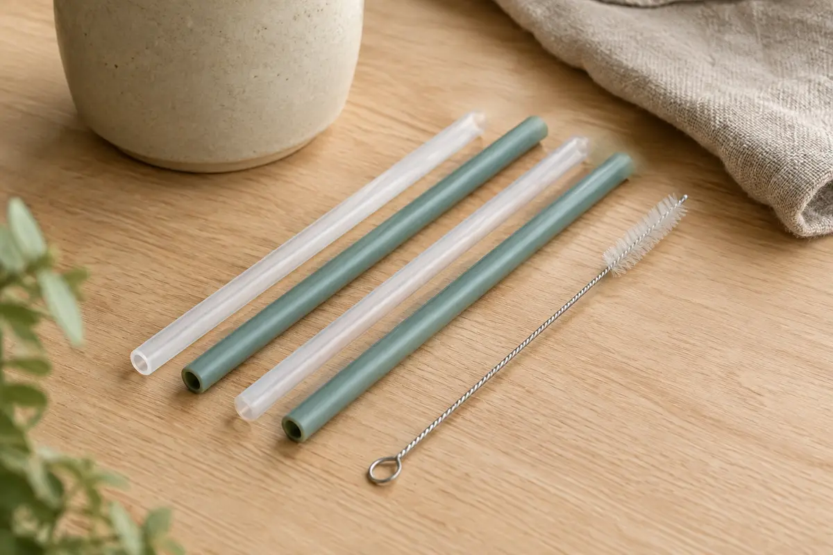 Quatre pailles droites de rechange BOZ et leur goupillon posés sur une table en bois clair.
