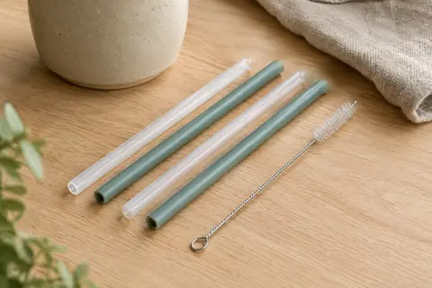 Quatre pailles droites de rechange BOZ et leur goupillon posés sur une table en bois clair.