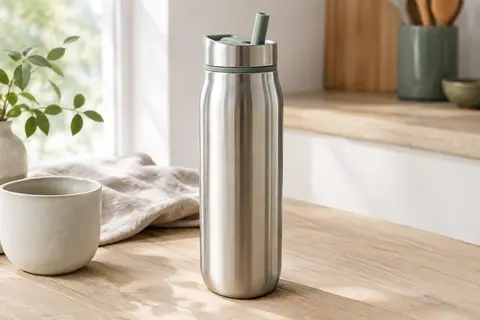 Bouteille filtrante Brita en acier inoxydable argenté posée sur une table en bois clair