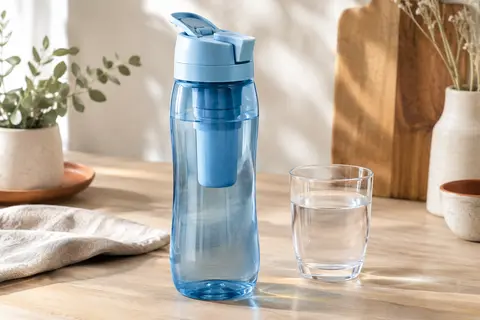 Gourde filtrante bleu clair avec bouchon rabattable posée sur une table en bois clair.