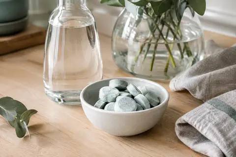 Tablettes de nettoyage près d’une bouteille à col étroit et d’un vase en verre