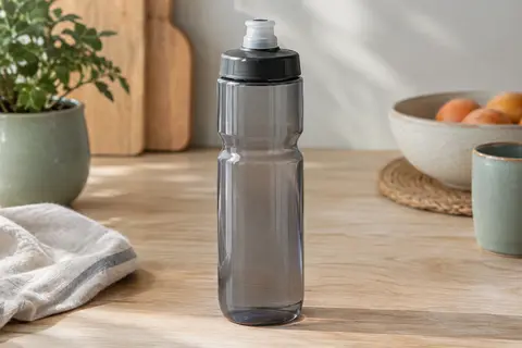 Bidon de vélo CamelBak Podium gris fumé posé sur une table en bois clair avec son bouchon auto-étanchéifiant