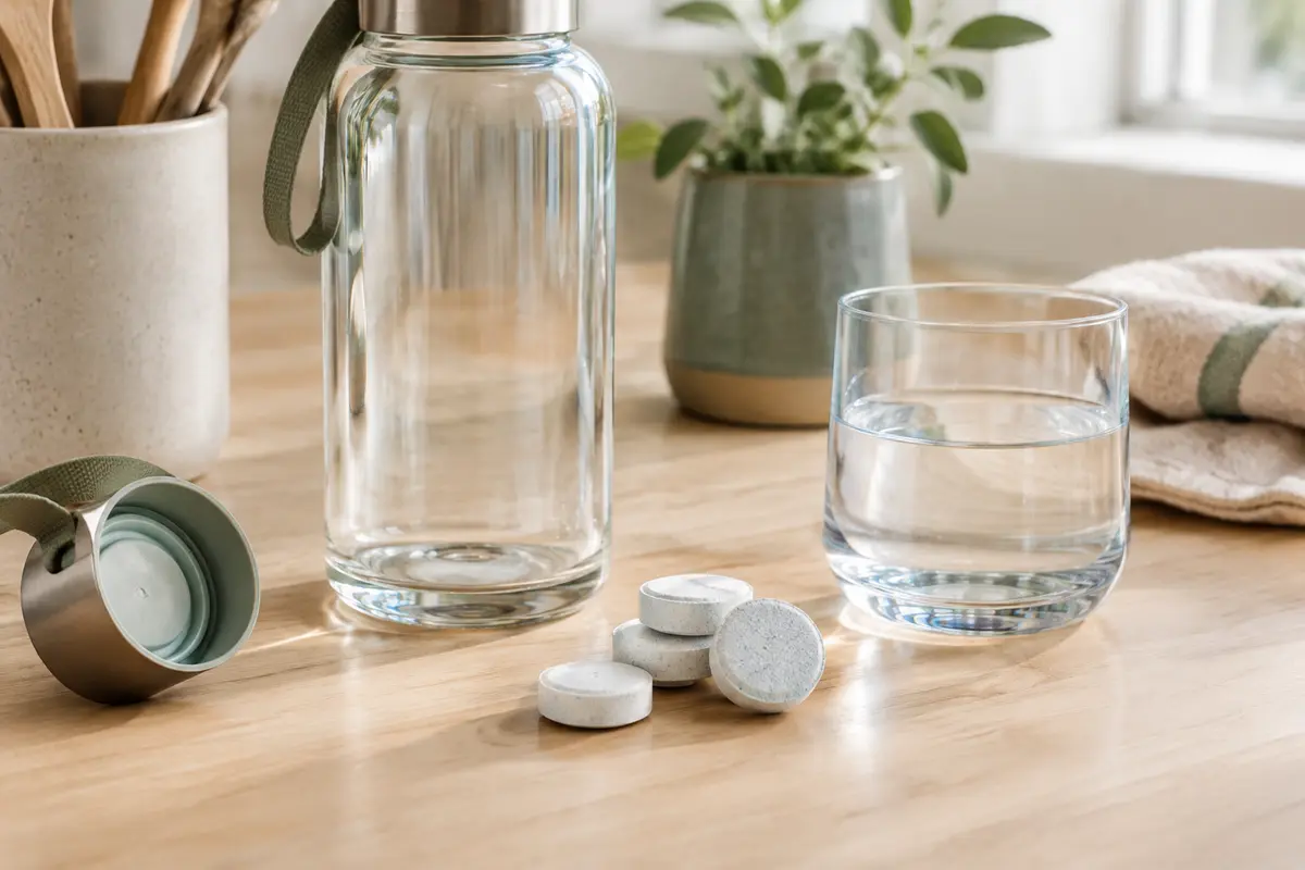 Pastilles nettoyantes près d’une gourde en verre dans une cuisine lumineuse aux tons naturels